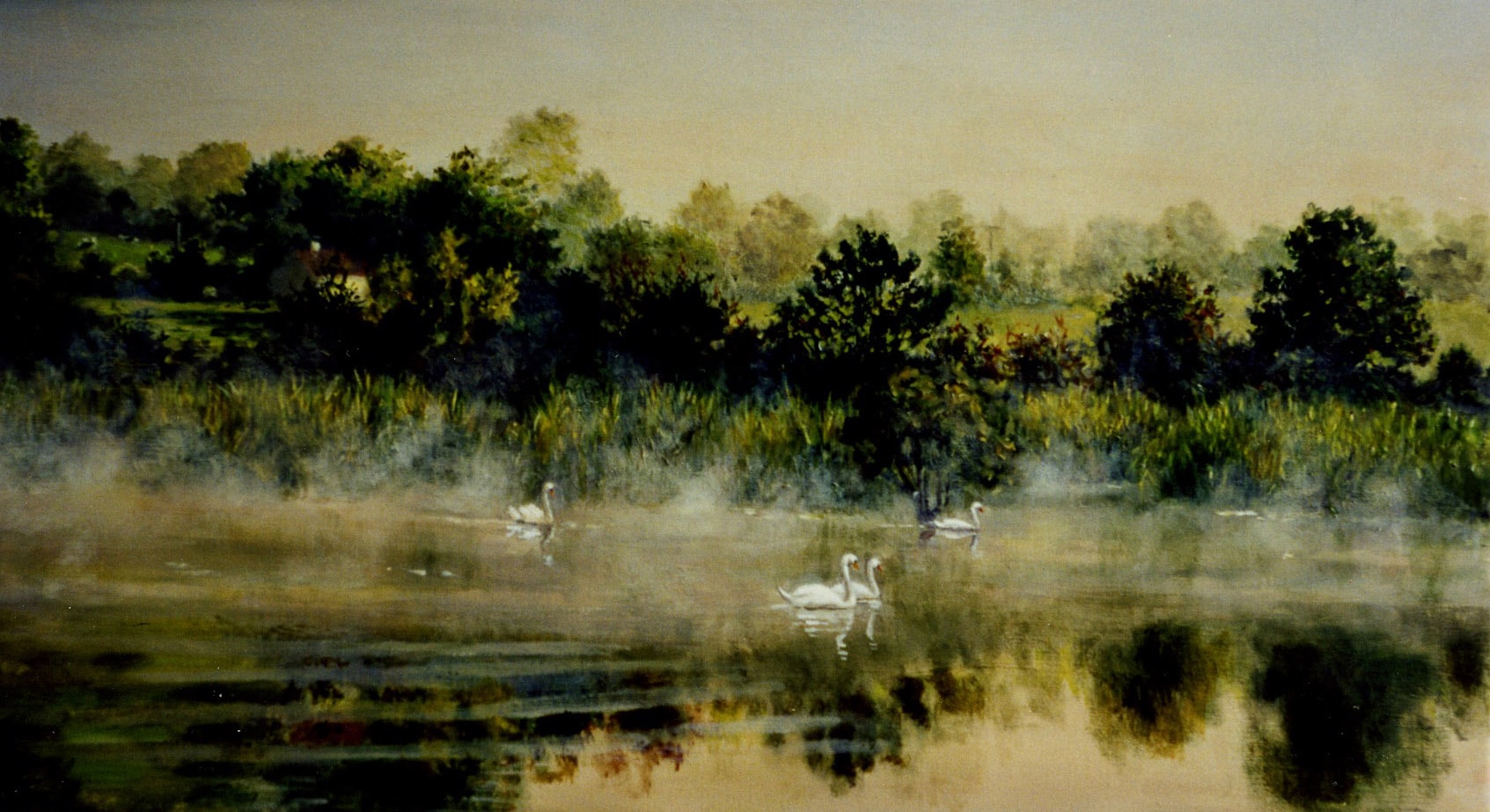 Two Swans on the Bandon River 1987 Oil on Panel 16 x 20